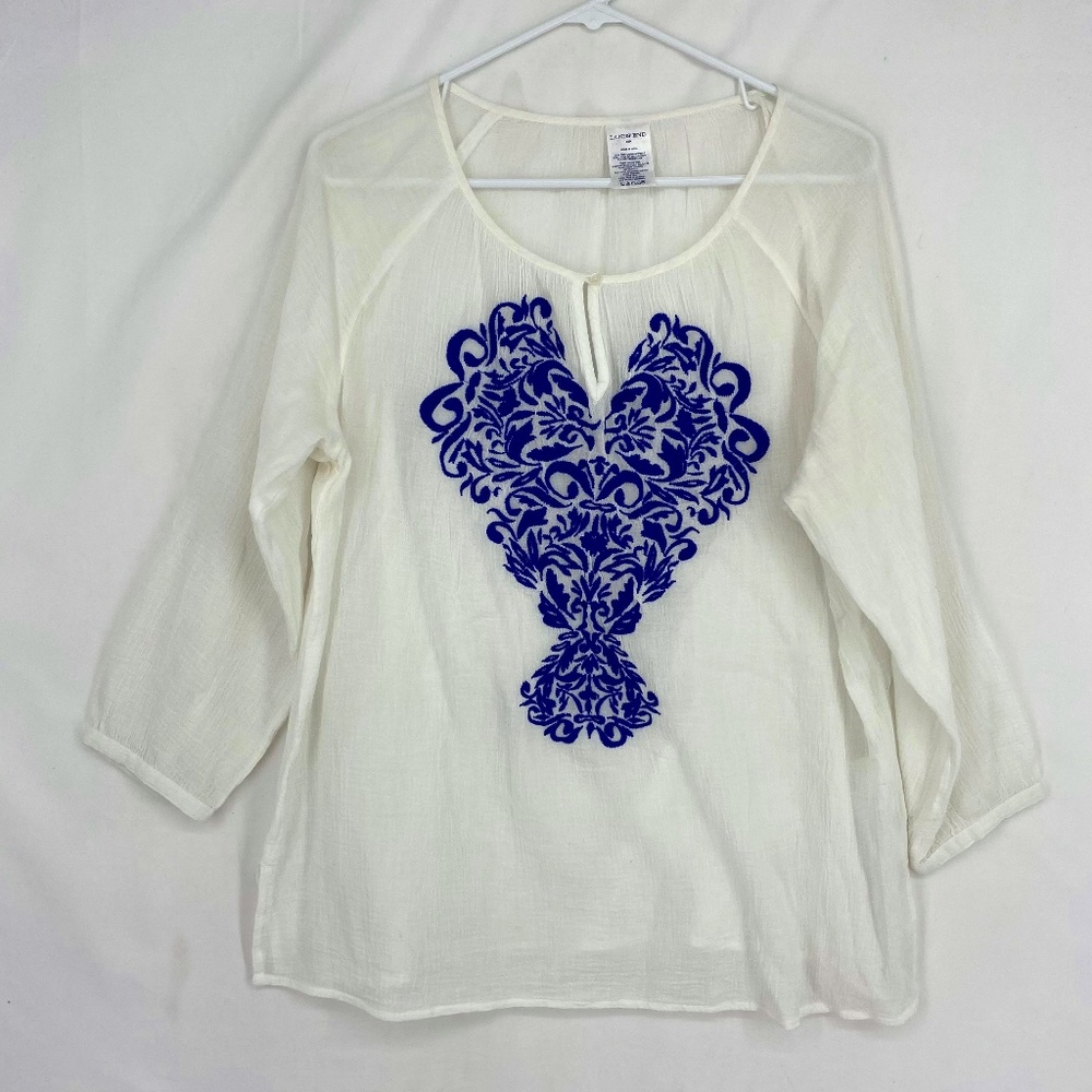 Lands' End Womens Petite Size 12P Pullover Blouse White Cotton Gauze Embroidered
